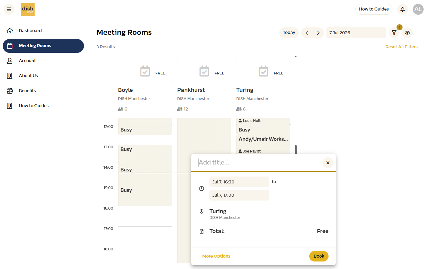 Booking panel for the Turing room with a time slot selected
