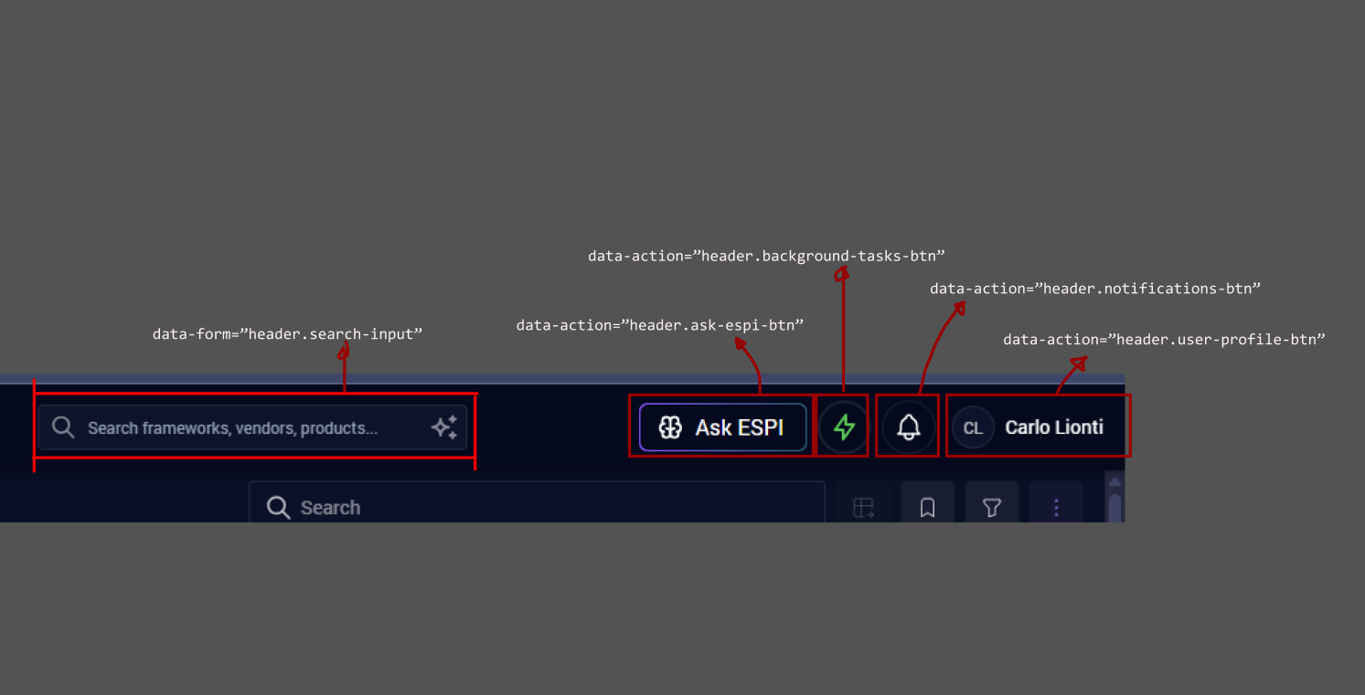 Examples of data-form and data-action tags on header elements